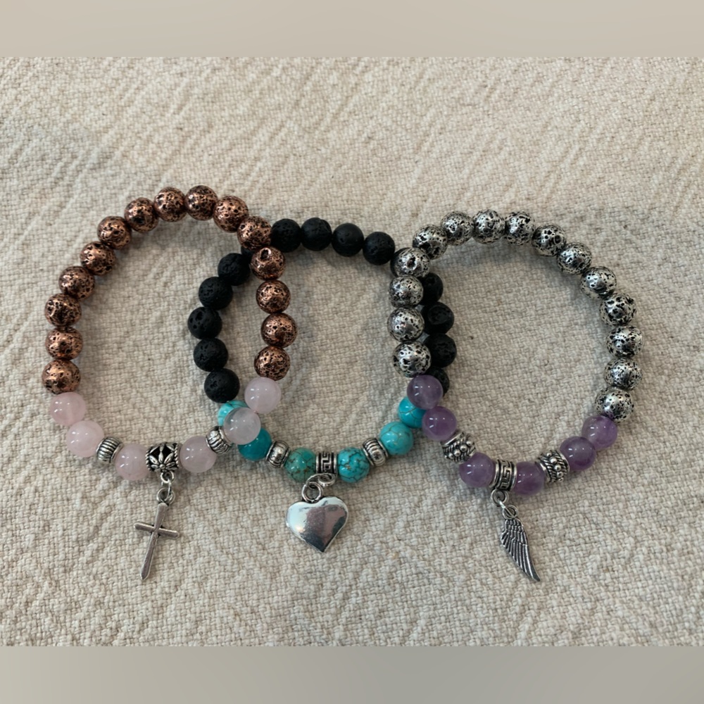 New Lava diffuser bracelets, lavender & silver, turquoise & black,pink & copper